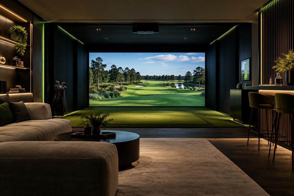 Concept image of premium indoor golf simulator lounge