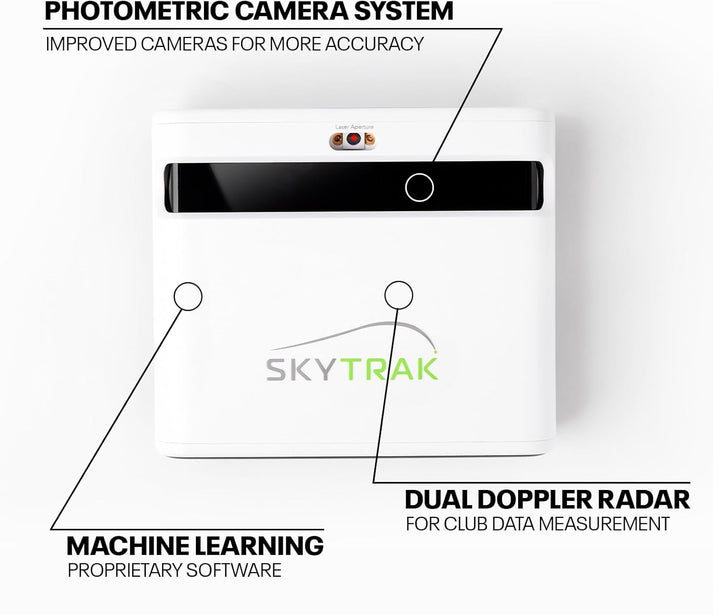 SkyTrak Plus launch monitor used in indoor golf simulator setup